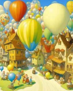 An ivory town made out of toys with balloons painted by Paul Ranson