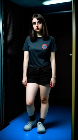 generate a full-length girl with gray-green sad eyes, with dark hair above the shoulders, a round face, not very plump lips, in a black T-shirt with a red print, short shorts, blue socks