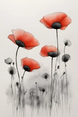 Minimalist ink pencil and charcoal drawing of poppies