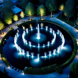 camera captures from above,Create a scene where 16 fountains in a small sea shoot water jets in the shape of a love symbol, creating beautiful splashes in the water.