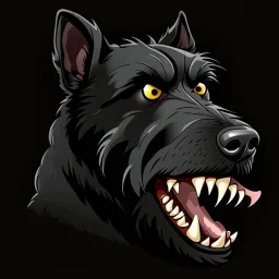 an angry scruffy black terrier on black background, yellow eyes, defined teeth, 30% lighter, vector illustration
