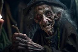 photorealistic. extreme scary and evil elderly skinny witch. with big dirty ugly sharp teeth. with dark curly hair and a long broken nose, holding a vodoo doll in left hand and putting needles in the vodoo dol with right hand, with lots of ghosts flying around, Epic, mysterious environment, 16k, UHD, HDR, (Masterpiece:1.5), Best Quality:1.5) with full blown rabies