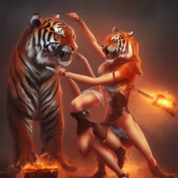 hot girl Ax in hand attacking tiger