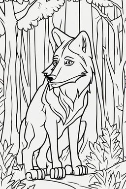 kids coloring page, wolf in a forest, cartoon style, thick lines, very low detail, no shading