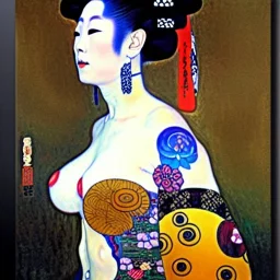 dibujo al oleo de cuerpo entero de una Geisha bella con tatuajes estilo Gustav Klimt