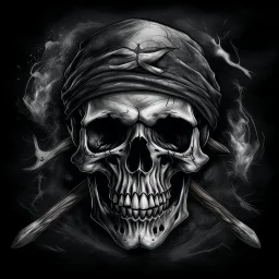 A pirate skull , Hyper Realistic Aerial Grungy Dark-Grey Brush strokes on a dark rustic background with charcoals
