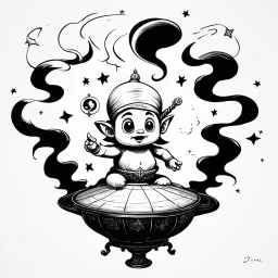 Make black and white cute drawing of a jinn with black bold lines. Only outline, no grayscale. An oriental djinn emerging from an antique lamp, surrounded by swirling smoke filled with stars and crescent moons. The djinn has a mischievous yet kind expression.
