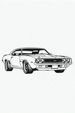 minimalist line art, Chevrolet Camaro SS, vintage, against stark white background, thick ink outlines, 3D view, no shading, black and white, showing front and side