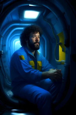 Portrait of Slane a man with curly dark hair and thick curly beard in blue coveralls working as a new hire in a submarine sitting in a dark cargo bay, realistic grimdark