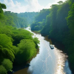 aerial view of a wide river in the jungle, perfect composition, beautiful detailed intricate insanely detailed octane render trending on artstation, 8 k artistic photography, photorealistic concept art, soft natural volumetric cinematic perfect light, chiaroscuro, award - winning photograph, masterpiece, oil on canvas, raphael, caravaggio, greg rutkowski, beeple, beksinski, giger