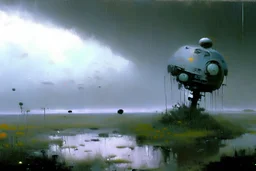 Grey sky, planet in the sky, 2000's sci-fi movies influence, rocks, weeds, rodolphe wytsman and charles leickert impressionism paintings