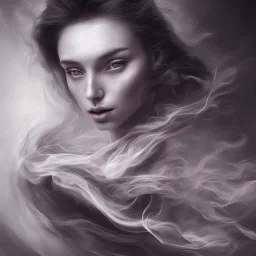 Extremely detailed portrait of woman fading into a flow of clouds and curvy shapes and curvey lines, black and white with red and purple accents digital painting.