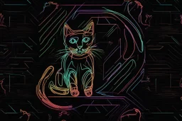 black background, outlines of a holographic question mark and contented cat drawn from thin neon-coloured glowing lines