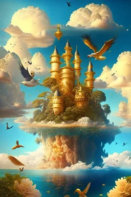 A golden castle in the middle of the sea surounded with the trees and big fruits , the clouds above and beautiful sky and birds ,The sea is fantastic...like paradise