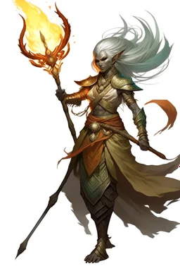 Air genasi from dnd with ashesen skin and asian flowing hair on head holding a spear in Monk attire with ash giant symbolism more ash less fire