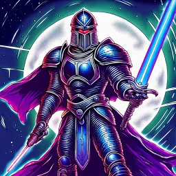 90's retro fantasy art of a heroic space knight with laser sword