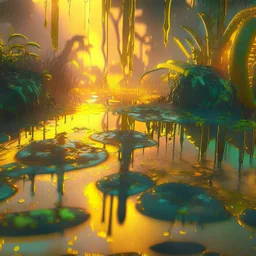 fantasy jungle at sunset, puddles on ground, covered with glowing yellow slime, photorealistic, unreal engine 5, masterpiece, trending on artstation, sharp focus