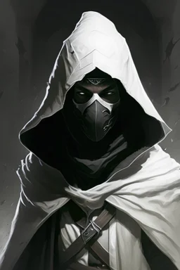 dungeons and dragons man wearing black robes and hood wearing a white mask