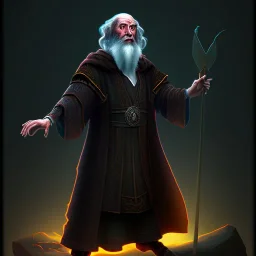 Old human wizard in dark robes standing in a dark cave