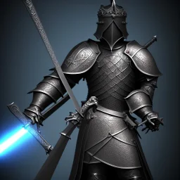 large black stone statue of a knight in a dark dungeon, holding a sword that's glowing blue