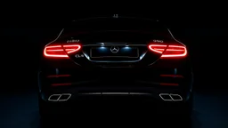 Rear view of a black Mercedes-Benz CLS 550 with bright neon lights on a black background