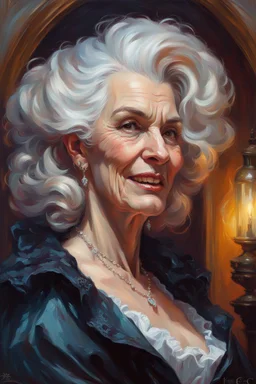 oil painting of a aged female vampire elder with highly detailed hair and facial features ,in the painting style of Daniel F. Gerhartz, with a fine art aesthetic and a highly detailed brushstrokes, realistic rococo style