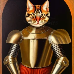 oil painting of a beautiful symmetrical cat with armor, XV century, by El Bosco, Leonardo da Vinci, Goya 8k