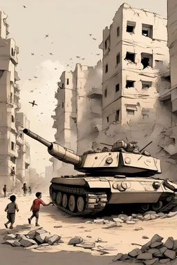 Illustration of Gaza children living among orchestrated buildings and in front of them there is a large tank that frightens them, in the sky rockets fall and planes spread. The place is ruined