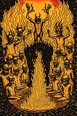 "Draw for me a group of demons suffering inside a pit in hell, as if they are raising their heads and hands upwards, calling for help, while surrounded by flames. Let the image be terrifying and of extremely high quality."