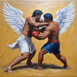 (Art by Victor Man, 2023), Jacob wrestling with angel, huile sur carton, 60 x 84 cm
