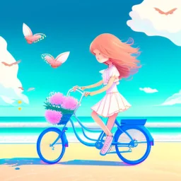 A girl is riding a bicycle on the beach. His cat is sitting in the front basket of the bicycle. Spring flowers can be seen everywhere. Beautiful blue sky with white clouds - kites in the sky. sense of peace. digital art, anime, 8k, full details, colorful, high resolution