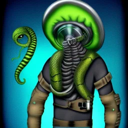 Alien, snake, metaljellyfishsombrero, vest, hands, holding gun, holster, steel military boots, squishy, chest plate, oxygen mask, bulbus nos snout, reptile pupil, blasterrifle