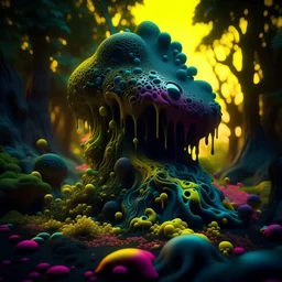 Irregular black spots, 8k, 3d render, Zdenek Burian, melting horror, tridimensional figures, intricate patterns, forest, sinister scribbles, colors, shot on Hasselblad, Yves Tanguy, tragicomic