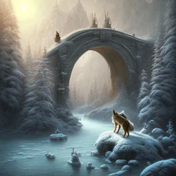 fantasy art of guru and wolf walking on tight bridge over icy water