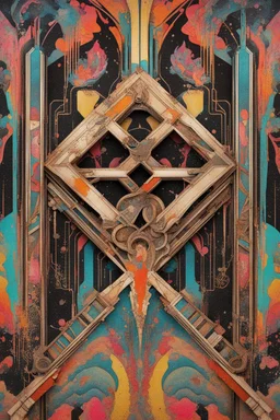 Ornate art deco 'X' splattered with psychedelic paint and graffiti