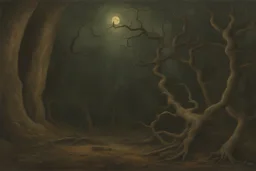 night, dry trees, rocks, mountains, cliffs, philosophic influence, horror gothic movies influence, dark fantasy and witchcraft influence, anna boch, and friedrich eckenfelder impressionism paintings