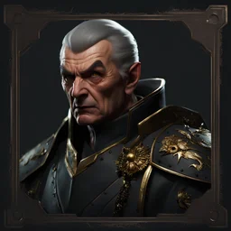 old evil male commander. sneering expression, dark short hair,