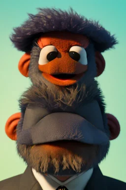 Waist up muppet Portrait, Kim Jong-un as muppet doll, black suit, photo studio, blue background, unreal engine 5, concept art, art station, god lights, ray tracing, RTX, lumen lighting, ultra detail, volumetric lighting, 3d.