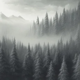 Realistic charcoal drawing of sharp mountains fog and forest