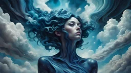 photo illustration from a world in the clouds, in the style of tanya shatseva, the stars art group (xing xing), meghan howland, dark indigo and light cyan, mind-bending sculptures, realistic hyper-detail, fluid simplicity --ar 63:128 --stylize 750 --v 6