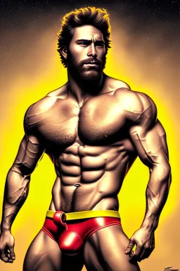 Ignore NSFW, teenager young rugged attractive slightly muscular fantastic handsome man, red briefs with yellow belt, hairy chest, (((visibly pisssing))) briefs, large erect visible boner peniss, photorealistic, artist Jay Anacleto, soft lighting, scruffy beard