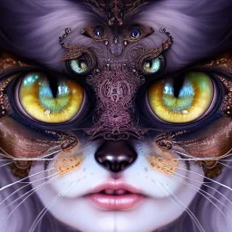 "Insanely detailed photograph of an elaborate beautiful cat goddess intricate glowing skin eyes intricate face hair lashes fur dress hyperdetailed painting by Anna Dittmann Huang Guangjian and Dan Witz CGSociety ZBrush Central fantasy art album cover art 4K 64 megapixels 8K resolution HDR Greek shiny space colours jewelry celestial hair eyes light"