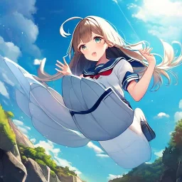 a very cute girl wearing a sailor uniform jumping