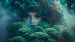 Close-up of the gorgeous broccoli woman hiding in the deep forest by night, low green fog