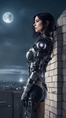 Fantasy Photo Of A Woman With Black Hair, Wearing A robot-looking suit, standing sideways On A Ledge of a building, With A waning moon Behind Her Head