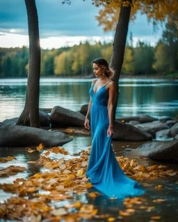 beautiful girl in pretty blue dress walking in water toward camera in trees next to wavy river with clear water and nice sands in floor.camera capture from her full body front,fall environment ,fallen leaves