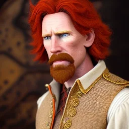 Portrait of courtney gains as a ruggedly handsome but joyful roguish pirate, charismatic, attractive male, masculine, perfect, precisely detailed, lightly freckled face, meticulously detailed multi-hued ginger carrot cherry fire red hair; malachai of the corn; fantasy, intricate, elegant, highly detailed, digital painting, artstation, concept art, matte, sharp focus, illustration, art by artgerm and greg rutkowski and alphonse mucha