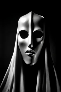 a black and white photograph in the style of man ray, the photograph is of a scary ghost mask