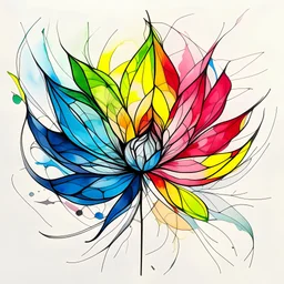 A colorful, abstract and minimal painting of a flower. The flower has big leaves, rainbow petals, with black outline details giving a scribbled effect. the image is in the middle of a white canvas. The background should be clean and mostly white, with subtle geometric shapes and thin, straight lines that intersect with dotted nodes. The style is expressive and textured, reminiscent of outsider art.