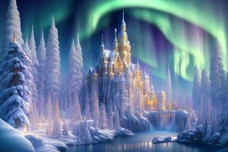  white and gold crystal castle，waterfall, winter snow flakessnow, northern Lights, full of details, smooth, bright sunshine，soft light atmosphere, light effect，vaporwave colorful, concept art, smooth, extremely sharp detail, finely tuned detail, ultra high definition, 8 k, unreal engine 5, ultra sharp focus